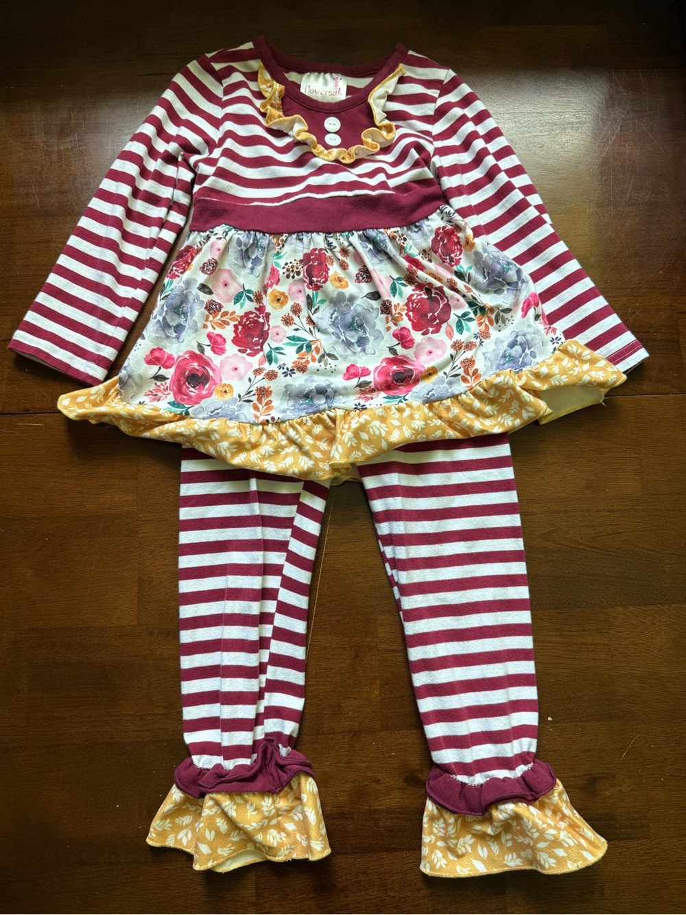 Flowersak Girls Burgundy Stripe Floral Ruffle Matching Set